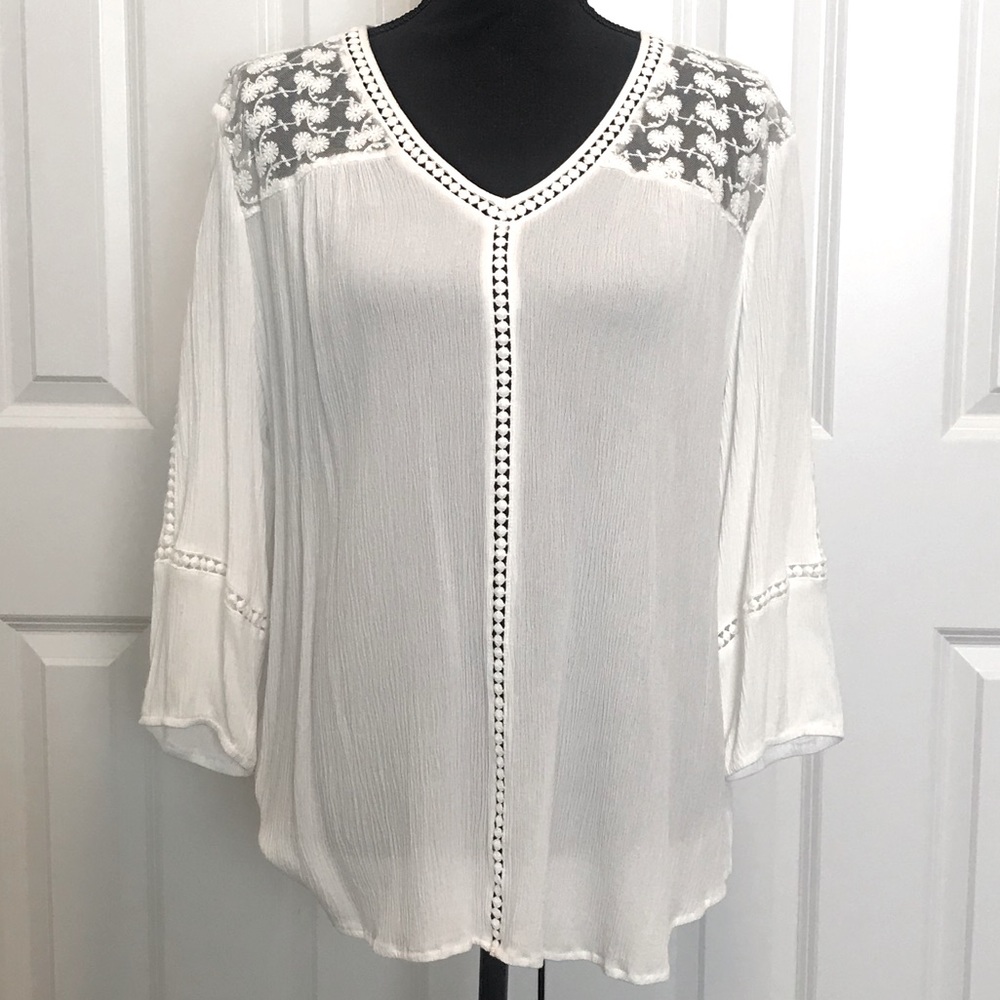 JohnPaulRichard Raelinn White Crochet Blouse Top, Sz XL (L)